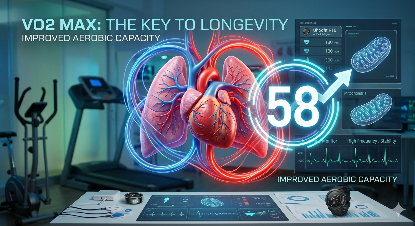 Visualización médica del VO2 Máximo: corazón y pulmones optimizados para rendimiento y longevidad en InRomo Sport