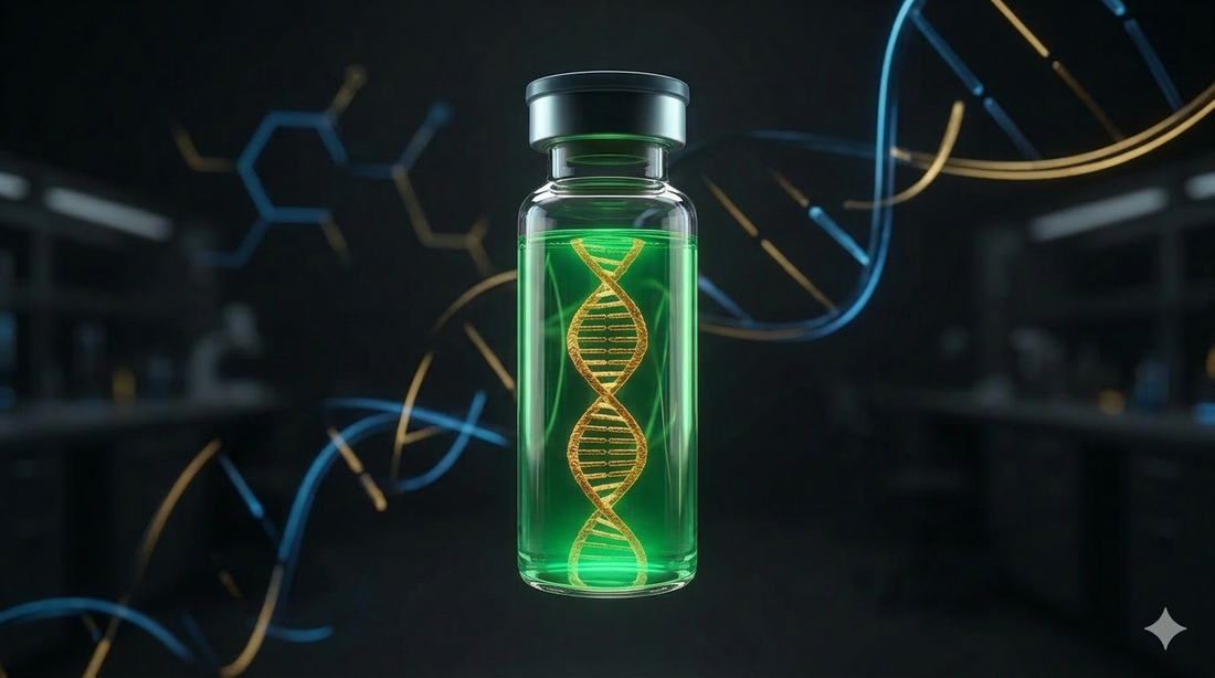 Representación molecular del péptido Retatrutida en un vial de laboratorio con estructura de triple hélice dorada y líquido verde fluorescente.
