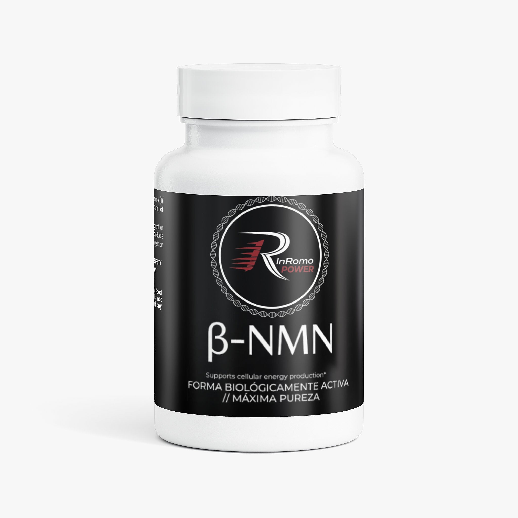 Suplemento de $\beta$-NMN de la marca InRomo Sport en bote blanco con etiqueta negra, diseñado para potenciar la energía mitocondrial, el enfoque mental y la longevidad celular.