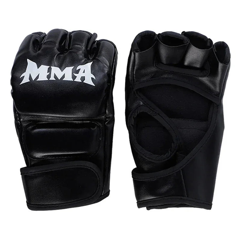 Guantes de MMA negros con diseño abierto para dedos y logo blanco, equipo de artes marciales
