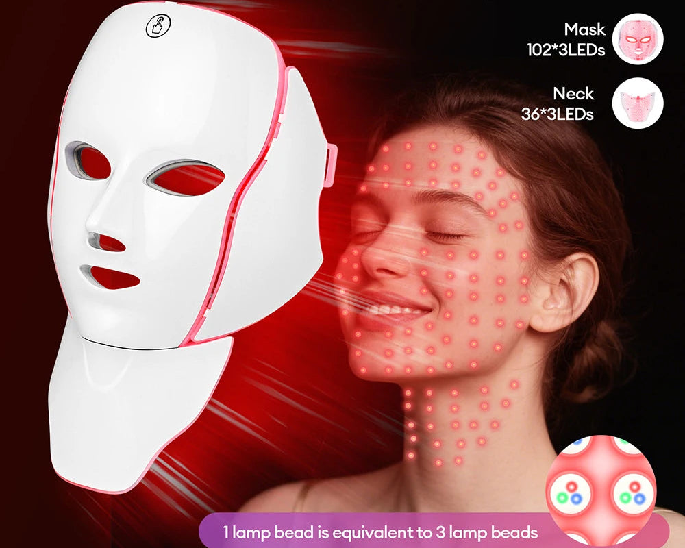 Máscara LED de fototerapia InRomo Sport con diseño modular 2 en 1 que incluye máscara facial y accesorio para el tratamiento del cuello en color blanco con detalles rosa.