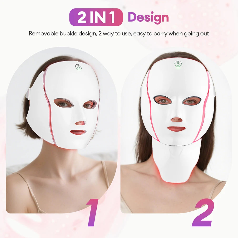 Máscara LED de fototerapia InRomo Sport con diseño modular 2 en 1 que incluye máscara facial y accesorio para el tratamiento del cuello en color blanco con detalles rosa.