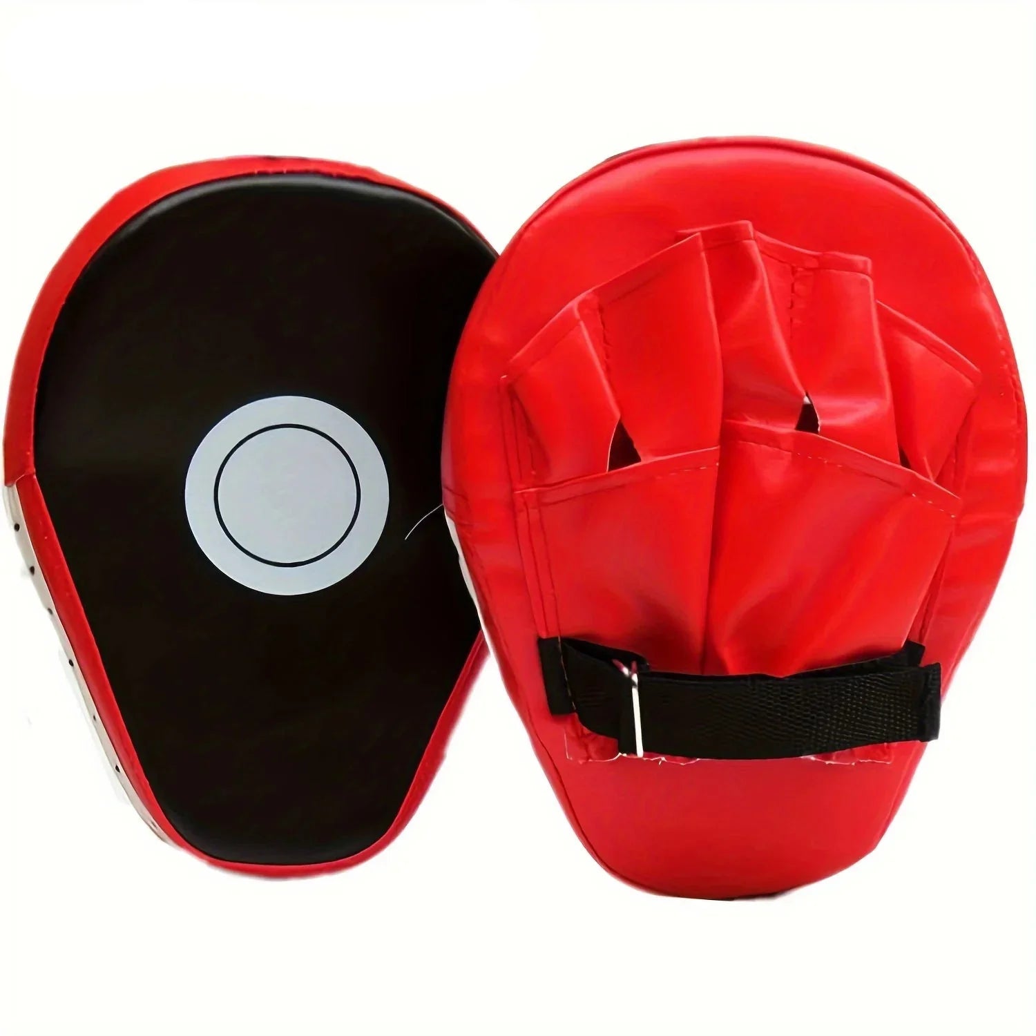 Manoplas de boxeo rojas con blanco y negro, usadas para entrenamiento de golpeo