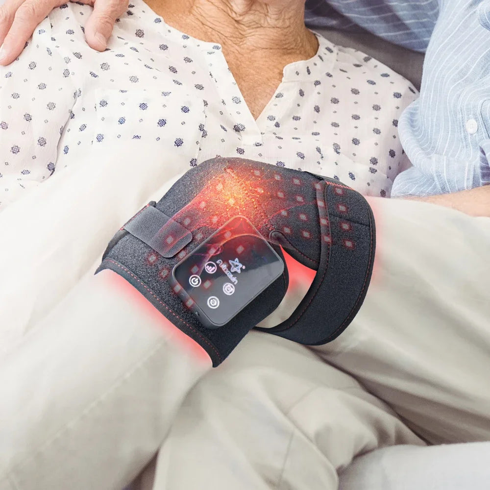 Dispositivo de fototerapia LED para rodilla aplicado en articulación durante el descanso en el hogar. Tratamiento de bajo impacto para recuperación de menisco