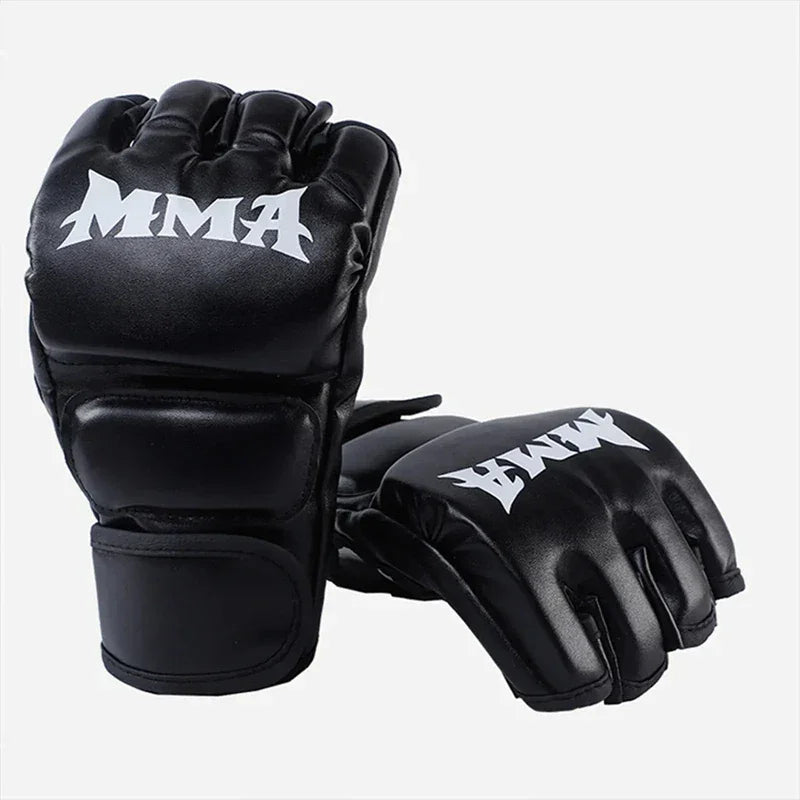 Guantes de MMA negros con logo blanco, diseño acolchado para artes marciales mixtas