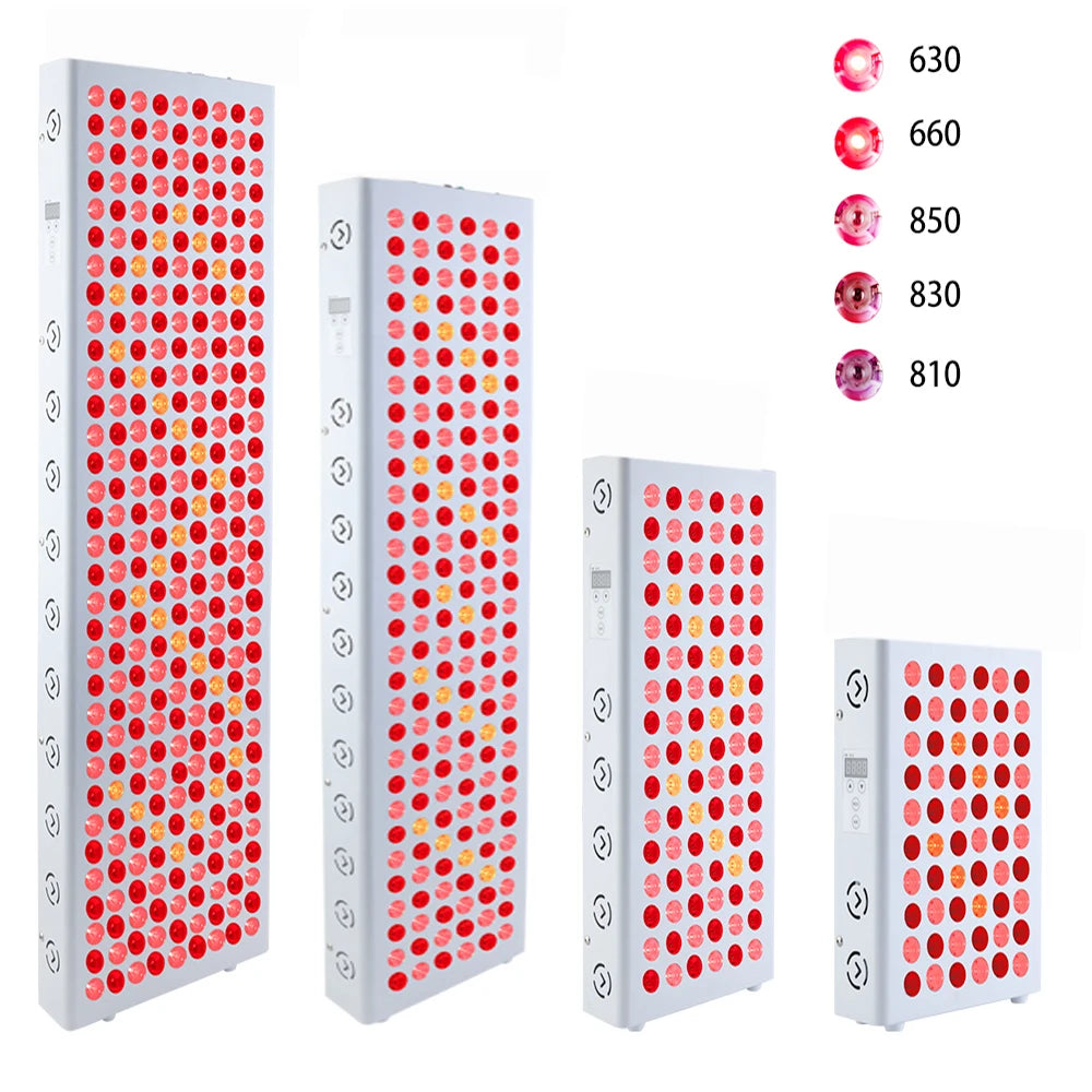 Gama de paneles de terapia de luz roja InRomo Sport con diferentes longitudes de onda: 630nm, 660nm, 810nm, 830nm y 850nm.